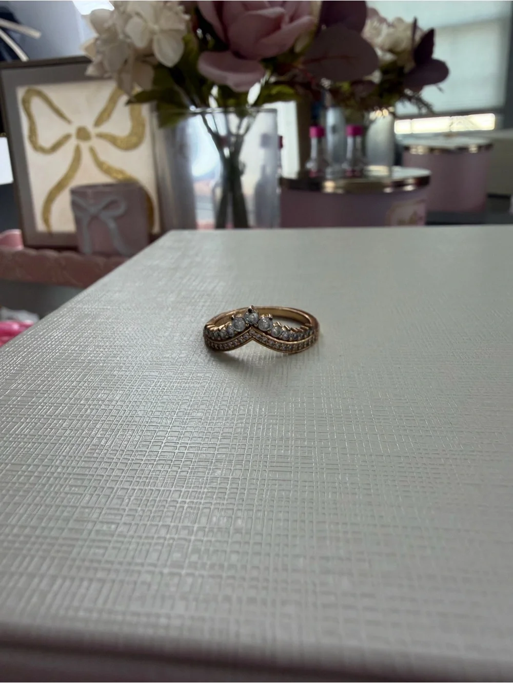 Pandora Gold V-Shaped Ring with Clear Stones